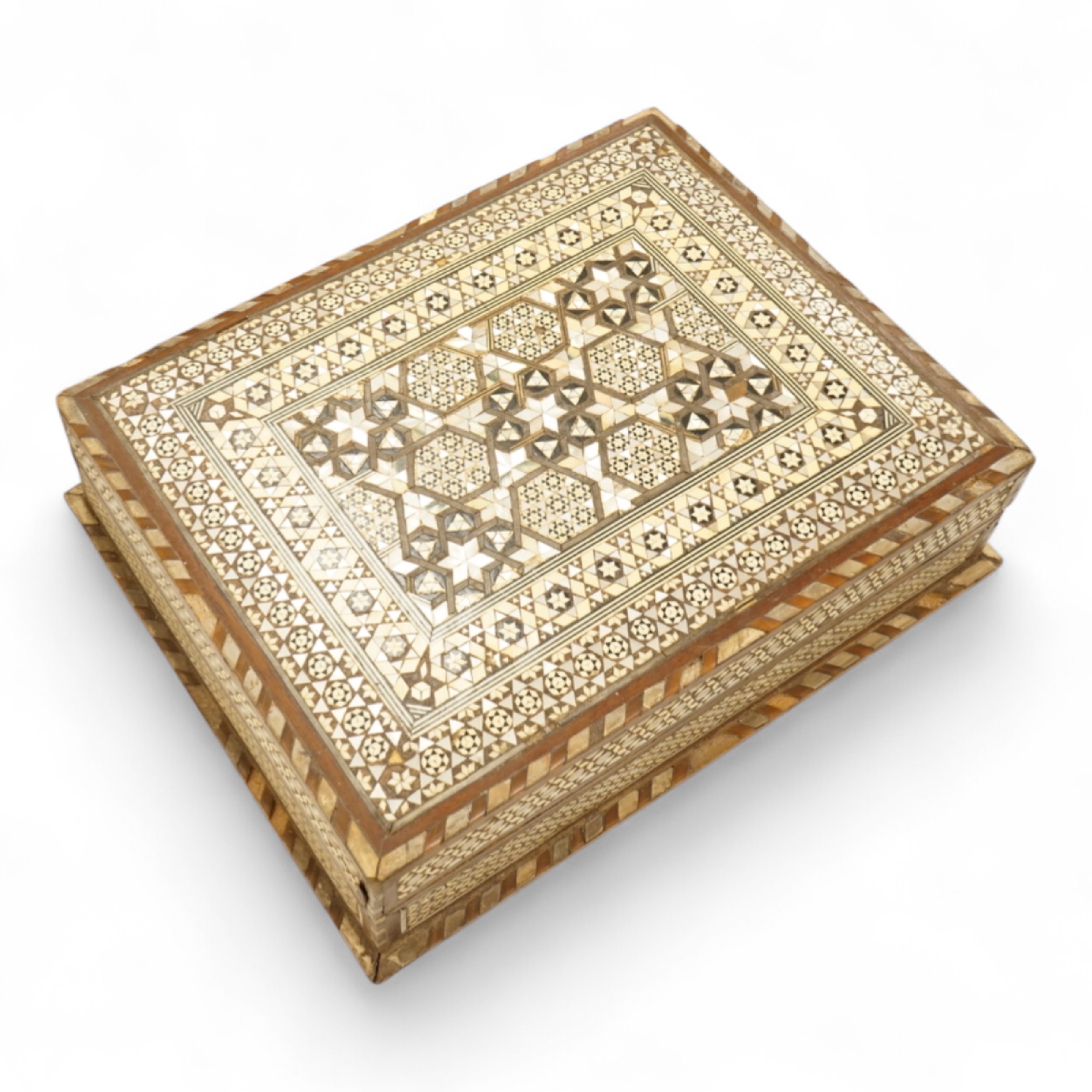 A brass mounted walnut dome topped box and another bone and mother of pearl inlaid box, 32 x 25cm